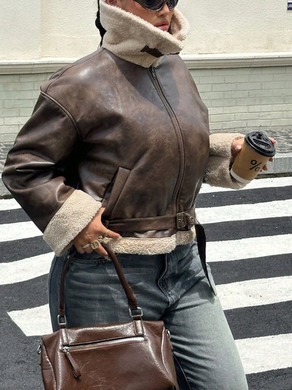 Brown Casual Women's Loose Zipper Front Shearling Leather Jacket - Picture 5 of 7